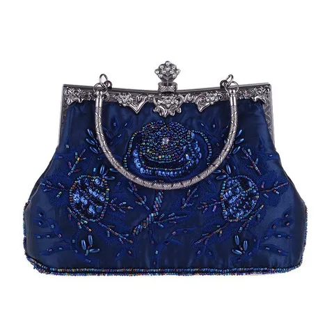 Vintage Satijn Kraalborduurwerk Avondtas Rozen Bloemen Handtas Metalen Frame Clutch Tas Voor Banket Feest Dames Jurk