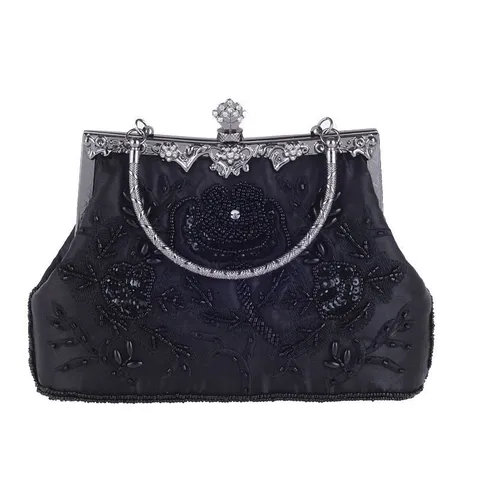 Vintage Satijn Kraalborduurwerk Avondtas Rozen Bloemen Handtas Metalen Frame Clutch Tas Voor Banket Feest Dames Jurk