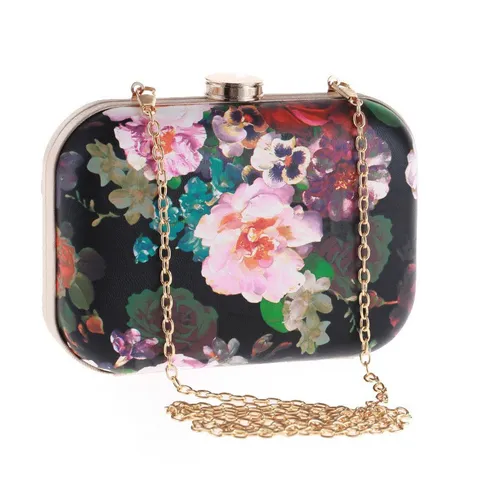 Dames PU Leer Bloemenprint Avondtas Harde Schaal Mini Clutch Met Metalen Ketting En Sluiting