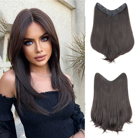 Wigs Women Long Slightly Wavy One Piece U Part Clip In Hair Extensions High Temperature Synthetic Fiber Hair Piece