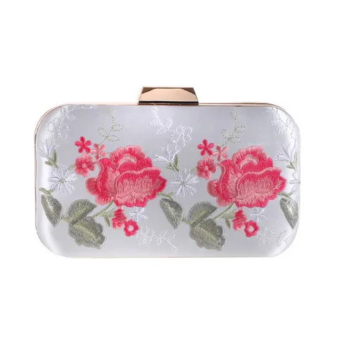 Vrouwen Elegante Satijn Avondtas Geborduurde Roos Clutch Tas Met Metalen Frame Ketting Bruiloft Feest Handtas