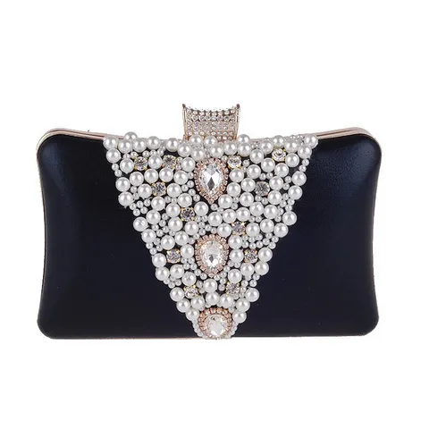Sac de Soirée Femme Strass Perle Clutch Élégante Satin Mariage Fête Sac à Main Cadre Métallique