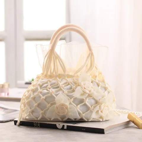 Dames Geweven Avondtas Vintage Handgemaakte Mesh Handtas Bloemige Bruiloft Bruid Tas Esthetische Elegante Feest Tas