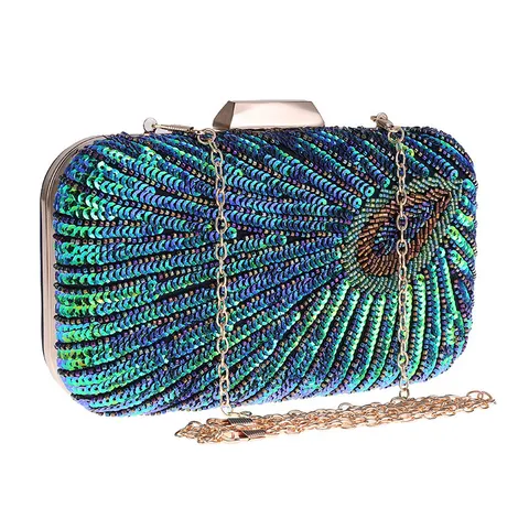 Dames Avondtas Harde Schaal Pauwenveer Borduurwerk Clutch Glitter Pailletten Banket Feest Handtas Met Ketting