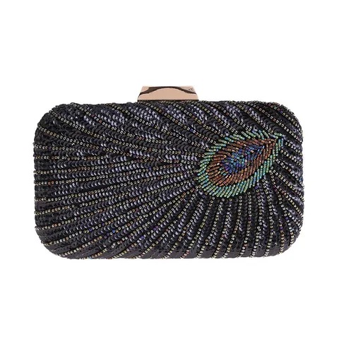 Dames Avondtas Harde Schaal Pauwenveer Borduurwerk Clutch Glitter Pailletten Banket Feest Handtas Met Ketting