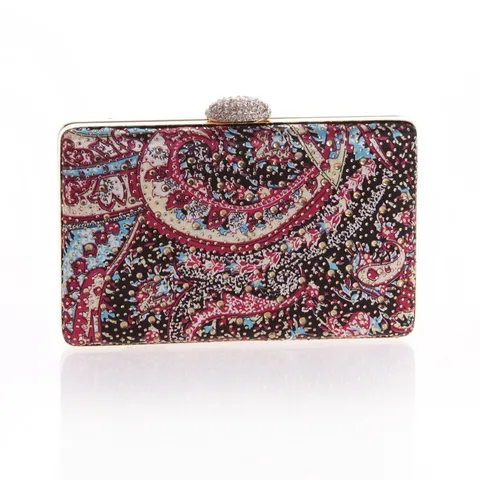 Dames Avondtas Strass Versierde Paisley Bedrukte Harde Schaal Clutch Tas Metalen Frame Schoudertas