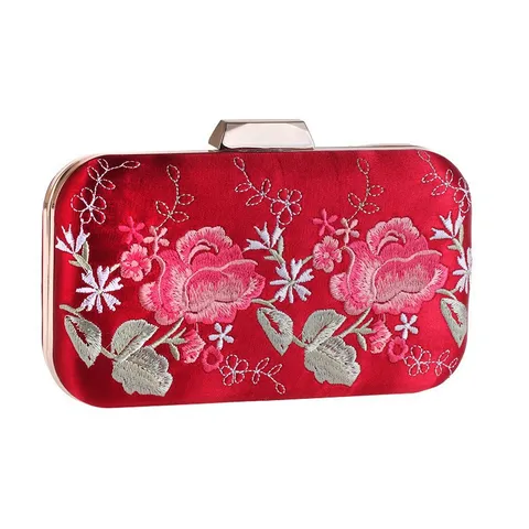 Vrouwen Elegante Satijn Avondtas Geborduurde Roos Clutch Tas Met Metalen Frame Ketting Bruiloft Feest Handtas