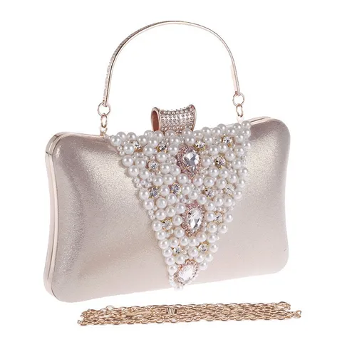 Sac de Soirée Femme Strass Perle Clutch Élégante Satin Mariage Fête Sac à Main Cadre Métallique