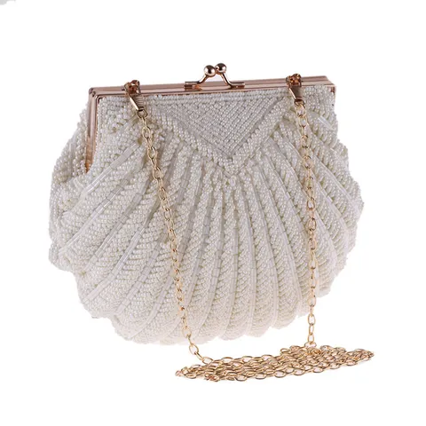 Handgemaakte Kraal Schelp Avondtas Vrouwen Parel Clutch Tas Vintage Retro Schoudertas Voor Bruiloft Feest