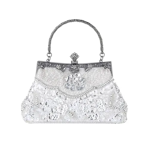 Dames Vintage Kraal Pailletten Avondtas Elegante Bloemen Borduurwerk Handtas Bruiloft Feest Clutch Tas Met Ketting