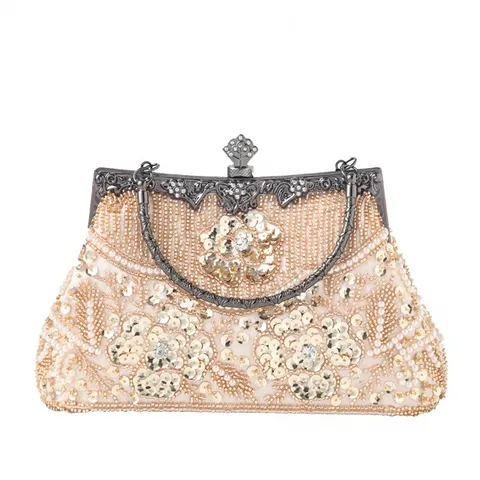 Dames Vintage Kraal Pailletten Avondtas Elegante Bloemen Borduurwerk Handtas Bruiloft Feest Clutch Tas Met Ketting