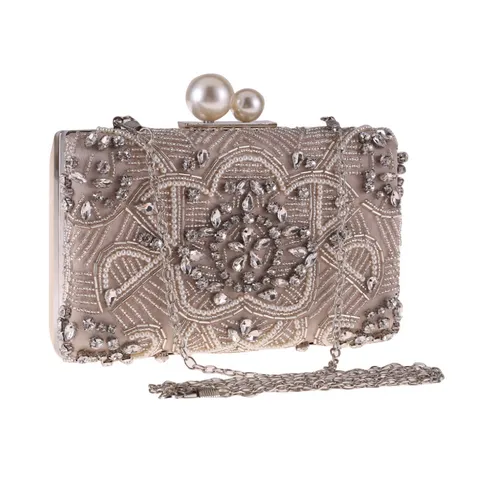 Dames Avondtas Strass Kralen Clutch Vintage Satijn Banket Handtas Elegante Trouwfeest Tas
