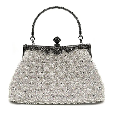 Dames Strass Kraal Avondtas Vintage Visschuppen Pailletten Clutch Metalen Handvat Bruiloft Feest Handtas