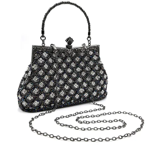 Dames Strass Kraal Avondtas Vintage Visschuppen Pailletten Clutch Metalen Handvat Bruiloft Feest Handtas