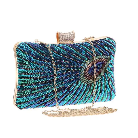 Dames Vintage Avondtas Pauwenveer Pailletten Kralen Clutch Handtas Metalen Ketting Bruiloft Feest Tas