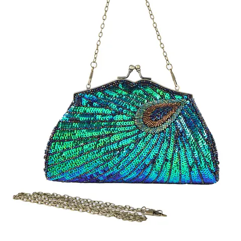 Vintage Chinese Stijl Pailletten Kralen Pauw Avondtas Vrouwen Geborduurde Clutch Crossbody Banket Feest Handtas