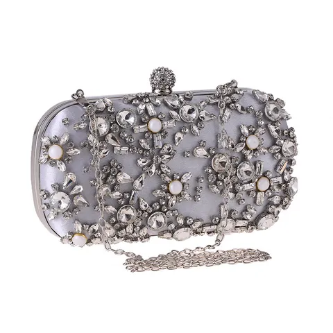 Dames Mode Avondtas Strass Parel Box Clutch Luxe Satijn Trouw Feest Handtas Met Ketting