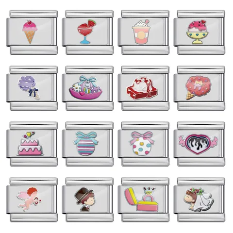 Eslabón de Charm Italiano de Acero Inoxidable Patrón de Helado de Boda Romántica Componente de Pulsera Elástica DIY Joyería Mujer