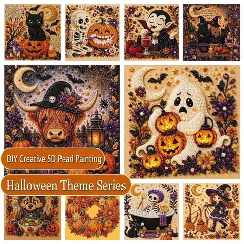 Kit de Pintura de Diamantes DIY Calabaza Bruja Gato Negro de Halloween Resina Acrílica Perla Strass Arte de Pared Decoración del Hogar Regalo