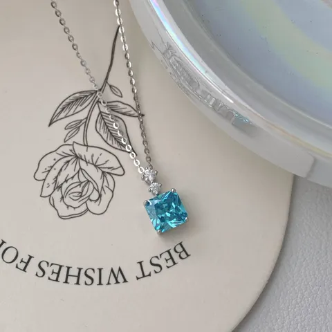 Collier en Argent Sterling 925 Avec Zirconia Cube Bleu pour Femmes Rétro Japonais Minimaliste Chaîne Fine de Clavicule Bijoux