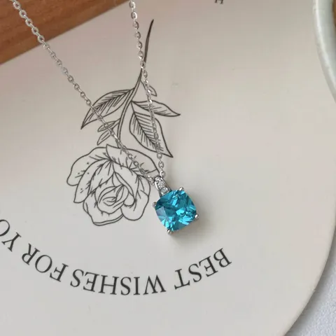 Collier en Argent Sterling 925 Avec Zirconia Cube Bleu pour Femmes Rétro Japonais Minimaliste Chaîne Fine de Clavicule Bijoux