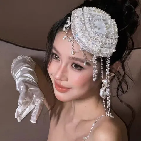 Coiffe de Mariée Style Ethnique Exotique Perles Artificielles Glands Longs Barrette Élégante Coquille Strass Accessoires Cheveux Mariage