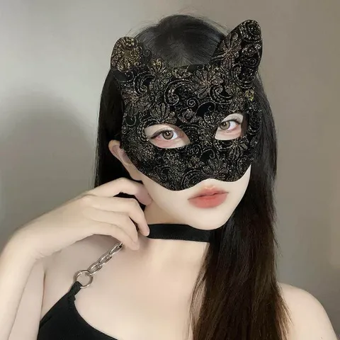 Halloween Cat Face Masquerade Mask Glitter Pattern Half Face Eye Mask For Women Cosplay Party Dress Up Accessories