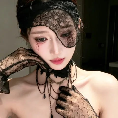 Gothic Schwarz Spitze Halb Gesicht Schleier Stirnband Mit Fingerlose Handschuhe Kropfband Kette Y2K Punk Halloween Party Kostüm Haar Zubehör
