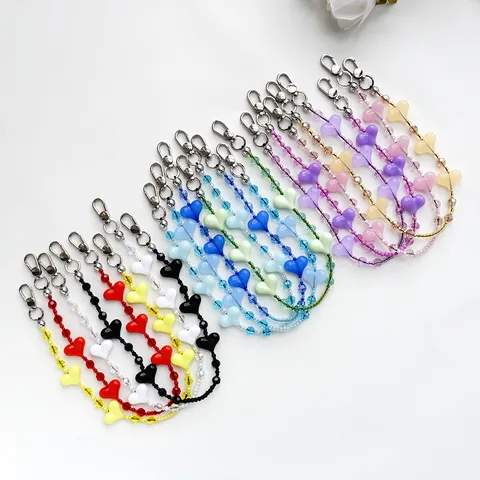 Minimalistische Acryl-Herz-Perlen-Handykette Süßer Synthetischer Kristall-Doppelverschluss-Taschenanhänger Vielseitiger Schlüsselanhänger-Schmuck