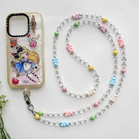 Süße Acryl Perlen Handy Lanyard Bunte Gestreifte Bär Crossbody Gurt Lange Handykette Mode Schmuck Für Damen