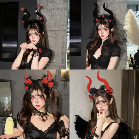 Halloween Devil Horn Headband Gothic Black Red Rose Lace Veil Headpiece Women Cosplay Party Spooky Skull Feather Hair Accessories Costume Prop