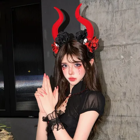 Halloween Devil Horn Headband Gothic Black Red Rose Lace Veil Headpiece Women Cosplay Party Spooky Skull Feather Hair Accessories Costume Prop