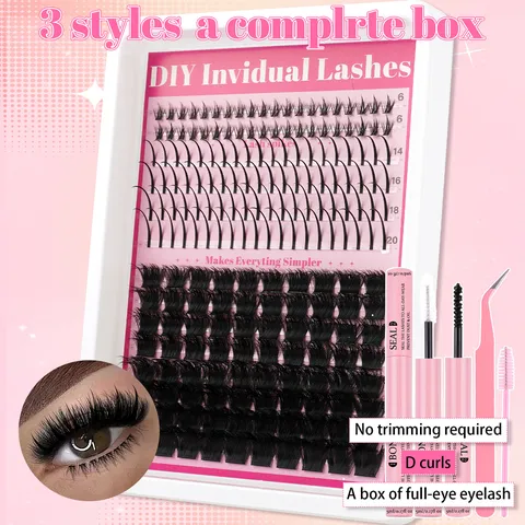 DIY Individual Eyelash Extension Kit Segmented Fairy Cluster Lashes Natural Thick Self-Grafting False Eyelashes With Bond And Seal Glue Tweezers Set