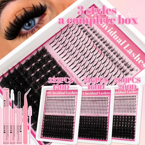 DIY Individual Eyelash Extension Kit Segmented Fairy Cluster Lashes Natural Thick Self-Grafting False Eyelashes With Bond And Seal Glue Tweezers Set