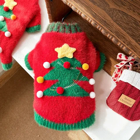 Suéter de Árbol de Navidad para Mascotas Piel de Visón Sintética Suave Lindo Rojo Verde Cálido Invierno Ropa de Punto para Gatos Perros Pequeños Cachorros Navidad