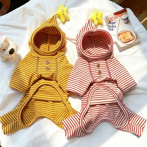 Pet Dog Striped Hooded Jumpsuit Cute Star Decoration Belly Clothes For Small Medium Dogs Cats Home Warm Knitted Romper
