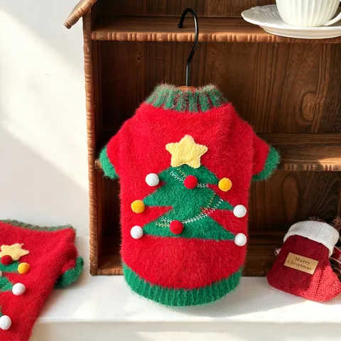 Suéter de Árbol de Navidad para Mascotas Piel de Visón Sintética Suave Lindo Rojo Verde Cálido Invierno Ropa de Punto para Gatos Perros Pequeños Cachorros Navidad