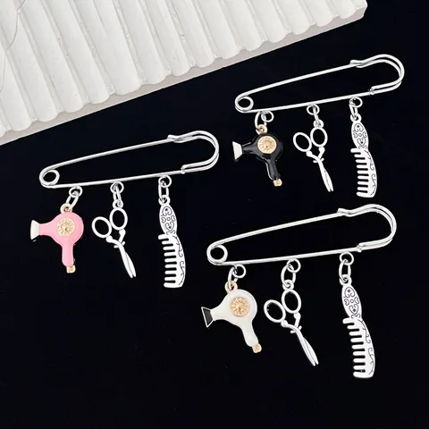 Creative Fashion Hairdresser Scissors Comb Hairdryer Pendant Brooch Zinc Alloy Safety Pin For Barber Gift Jewelry Accessory