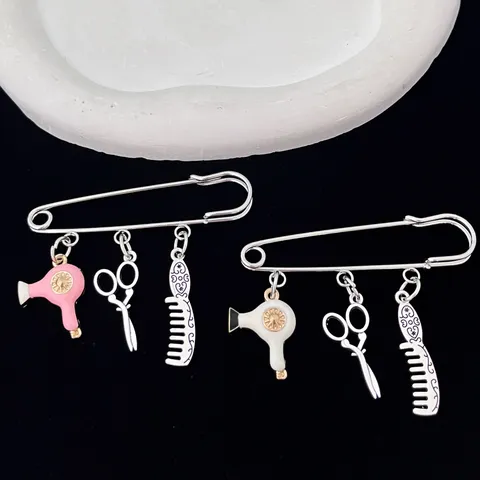 Creative Fashion Hairdresser Scissors Comb Hairdryer Pendant Brooch Zinc Alloy Safety Pin For Barber Gift Jewelry Accessory