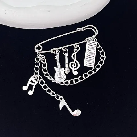 Gothic Punk Musical Note Brooch Pin Vintage Zinc Alloy Guitar Microphone Piano Key Chain Pendant Brooch For Clothes Decor Unisex Jewelry