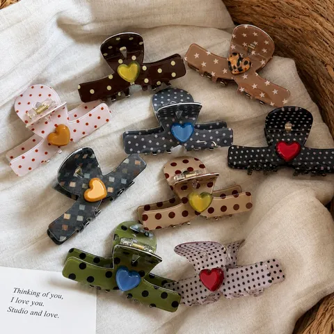 Korean Style Sweet Heart Polka Dot Hair Claw Acrylic Shark Clip For Women Lattice Star Pattern Hair Accessories Headwear