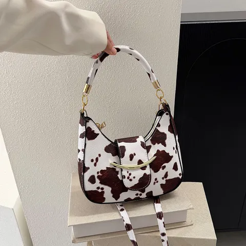Korean Style Crescent Underarm Bag Cow Print Retro PU Leather Shoulder Bag For Women Mini Crossbody Hobo Bag Casual Daily Handbag