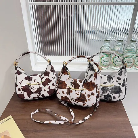 Korean Style Crescent Underarm Bag Cow Print Retro PU Leather Shoulder Bag For Women Mini Crossbody Hobo Bag Casual Daily Handbag
