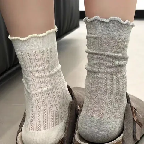 Women's Ballet Style Hollow Out Mesh Crew Socks Sweet Lace Trim Cotton Slouch Socks Japanese Lolita Breathable Mid-Calf Socks