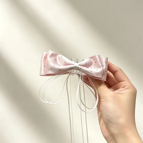 Molla per Capelli da Donna in Tessuto a Pois Con Fiocco e Nastri Lunghi Elegante Fermaglio per Acconciature