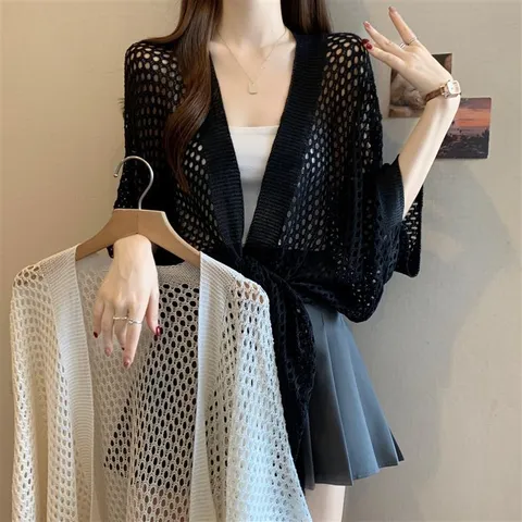 Women Plus Size Ice Silk Cardigan Summer Thin Hollow Out Knit Shawl Sun Protection Batwing Sleeve Elegant Blouse Top