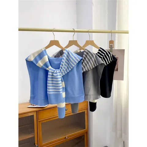 Elegant Striped Knitted Shawl Wrap For Women Office Shoulder Protector Fake Collar Decorative Chenille Small Scarf Fall Winter Fashion Accessories