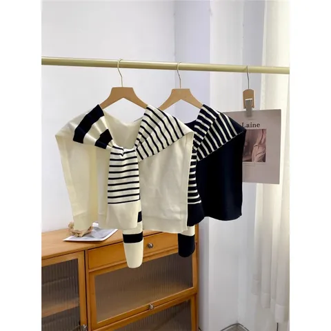Elegant Striped Knitted Shawl Wrap For Women Office Shoulder Protector Fake Collar Decorative Chenille Small Scarf Fall Winter Fashion Accessories