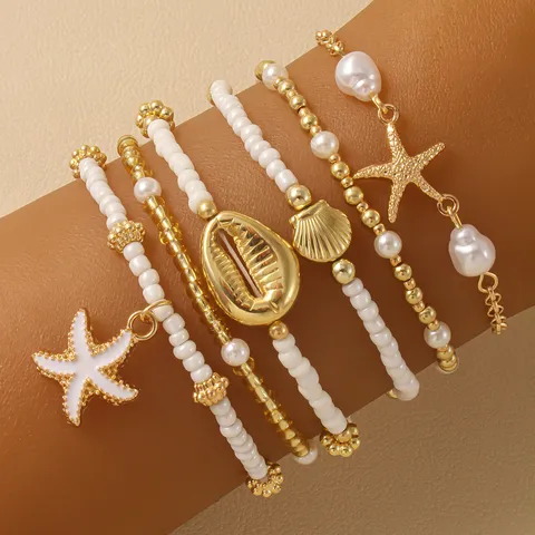 Boho Summer Beach Shell Bracelet Set Multi Layered Beaded Ocean Style Fashion Jewelry Gift For Women