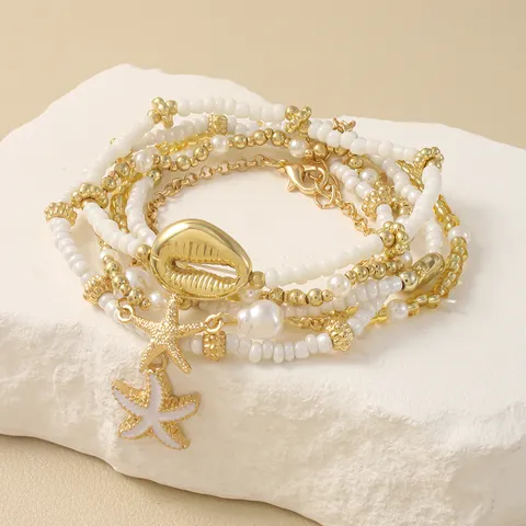 Boho Summer Beach Shell Bracelet Set Multi Layered Beaded Ocean Style Fashion Jewelry Gift For Women